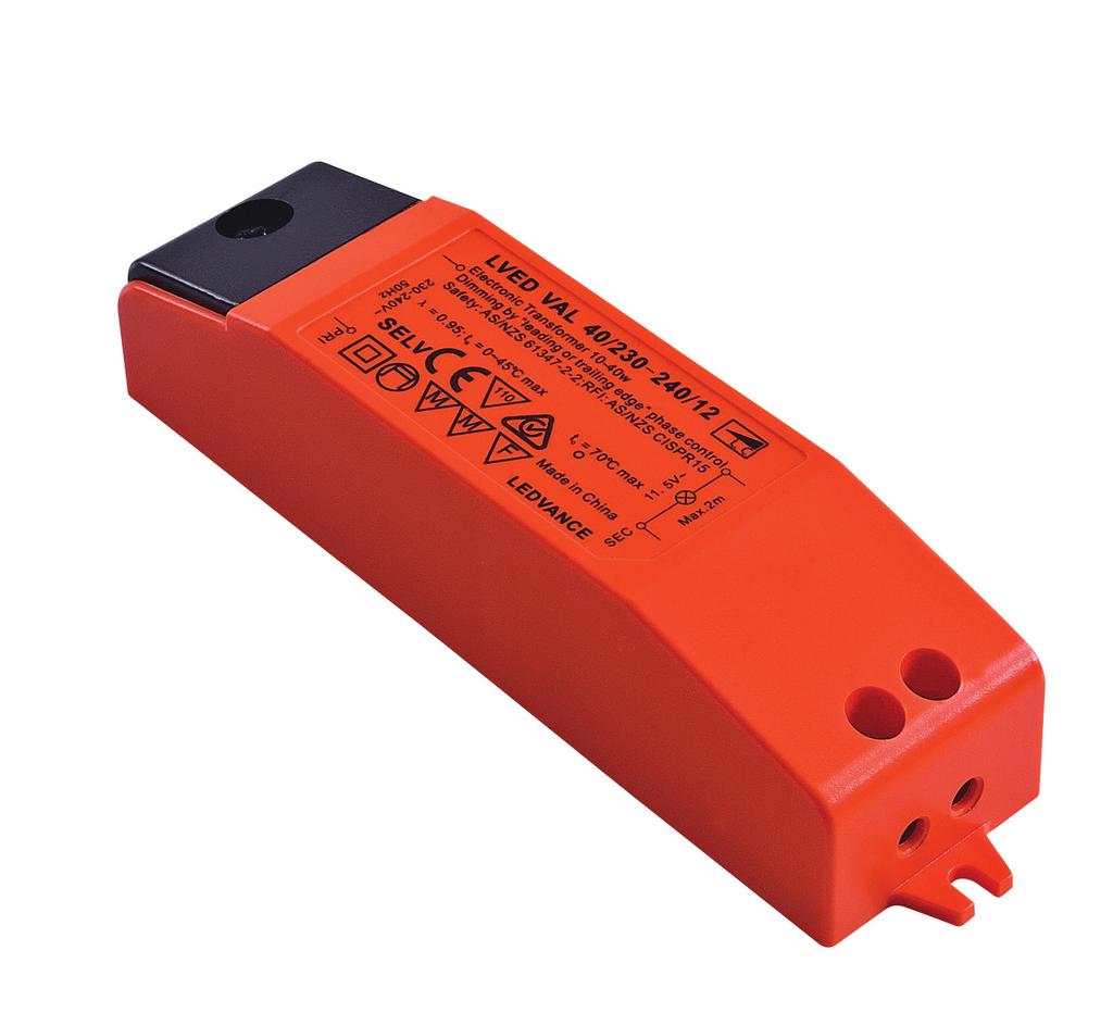 7. LEDVANCE VAL40 Electronic Transformer The new LEDVANCE VAL40 Electronic transformer is the perfect choice for simple operation and installation of low voltage 12V halogen or LED retrofit lamps.