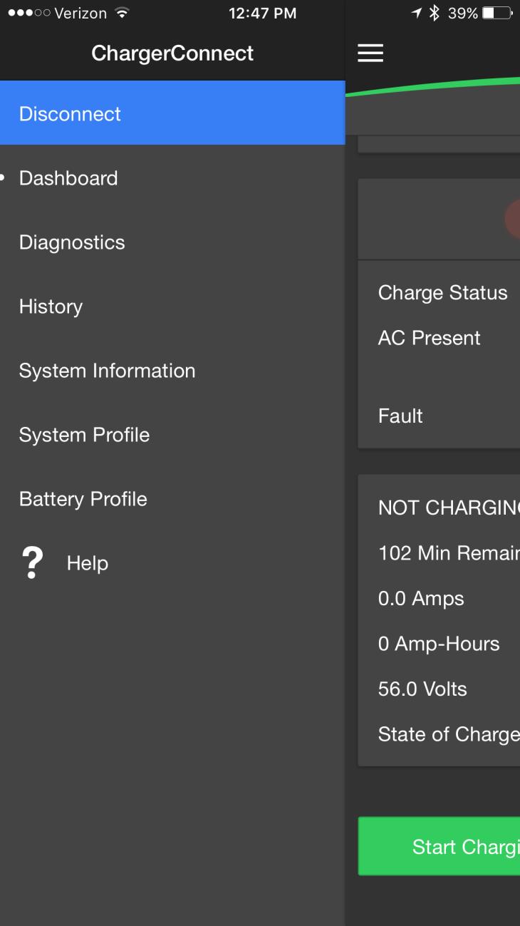 Note: If the connected charger is actively charging, the History, System Profile, and Battery Profile menu items will be disabled.