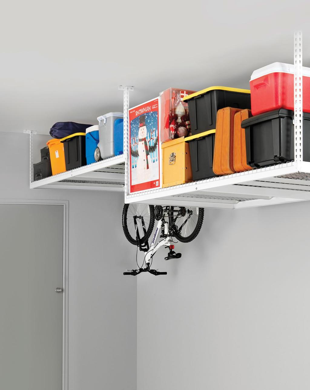 overhead storage Ceiling Racks. Space-efficient storage. Frequently asked questions Overhead storage How much weight does a 4 x 8 overhead hold? The 4 x 8 overhead ceiling rack can hold up to 600 Lbs.