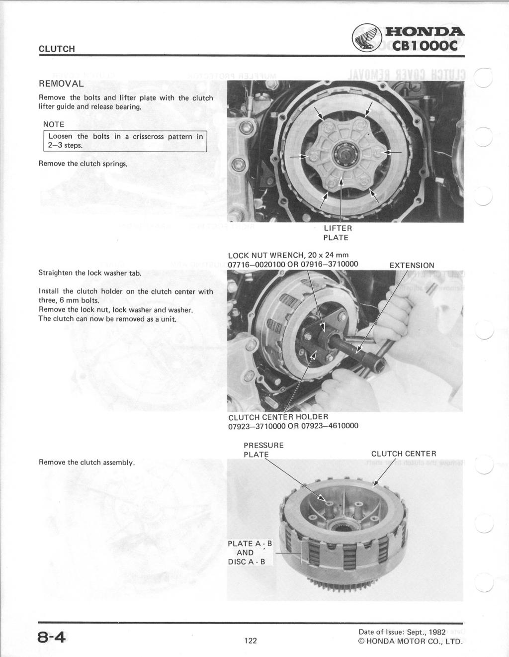 ~:H:OIV:D.A. ~ CB1000C REMOVAL Remove the bolts and lifter plate with the clutch lifter guide and release bearing. NOTE Loosen the bolts in a crisscross pattern in 2-3 steps.