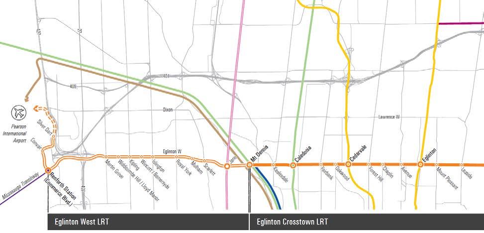 Figure 4: Line 5 (Eglinton) alignment currently under construction (Mount Dennis Station to Kennedy Station) and being planned (Pearson International Airport to Mount Dennis Station and