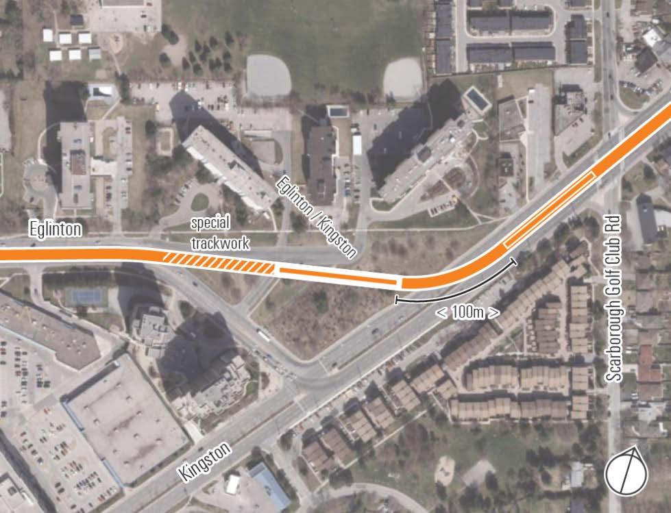 Figure 6B: Required modifications to approved SMLRT alignment with extension of platforms for Eglinton/Kingston and Scarborough Golf Club Road stops