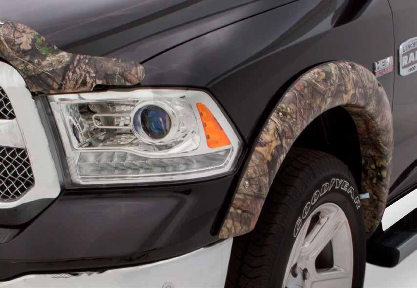 FENDER FLARES Trail Riderz Fender Flares Ram 1500 Shown Mossy Oak Break-Up Country TRAIL RIDERZ FENDER FLARES Extended fender flare style with sleek look Tire coverage varies with