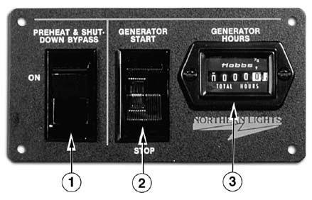 Control Panel Figure 3: Series 1-B Generator Control Panel 1. PREHEAT/ Shutdown bypass SWITCH This switch serves two functions: 1. Preheats the fuel before beginning the starting process.