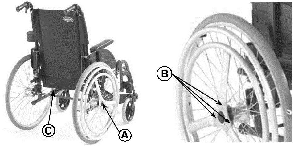 Invacare Action 3 NG The distance between the brake shoe and the tire can be adjusted. The adjustment must be carried out by an authorized dealer.