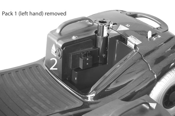 (For ease of access we recommend that the seat be removed prior to removing the batteries). As shown in the image, the left battery box is shown as 1 and the right as 2.