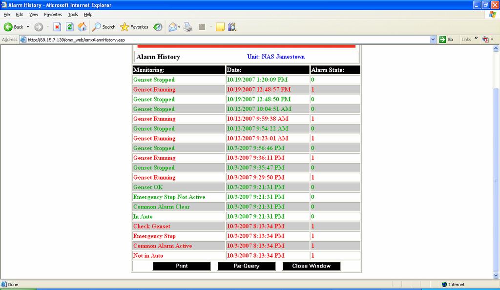 Alarm history The system will log events. The event log can be pasted into an Excel spreadsheet.