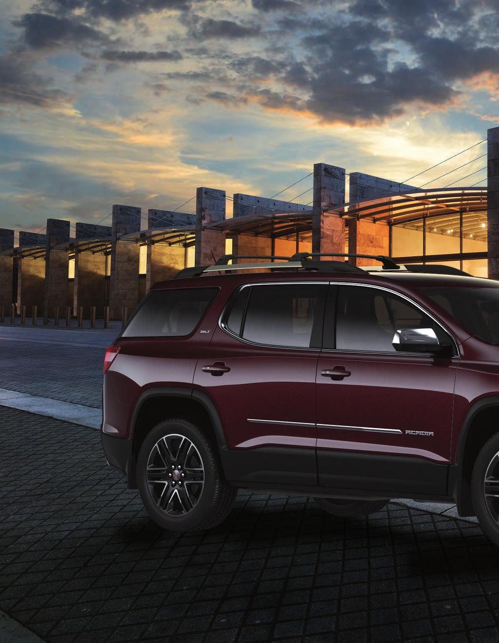 2018 ACADIA 2018 Acadia SLE shown with these available accessories: Grille Insert in Black, Roof Rack Cross Rail Package in Black, Chrome Outside Rearview Mirror Caps,
