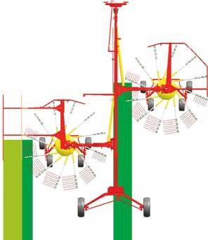 Removable arms Dual tines per arm Rotor diameter ft / m Transport width ft / m Max. transport speed Parking height ft / m Min. kw/hp Weight lbs / kg 24 4 9.78 / 2.98 6.89 / 2.1 24.8 mph / 40 km/h 3.