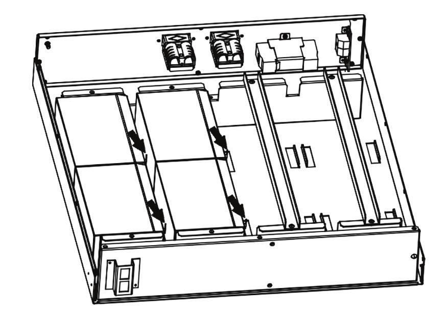 Model No. UPS-XBP-48: Step 1: Open the package and place the battery box on a horizontal plane. Step 2: Remove the left side of the front panel by pulling it from the lower extremity.