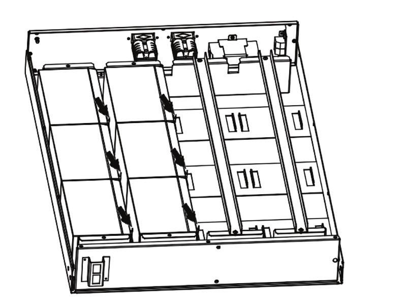 Model No. UPS-XBP-72: Step 1: Open the package and place the battery box on a horizontal plane. Step 2: Remove the left side of the front panel by pulling it from the lower extremity.