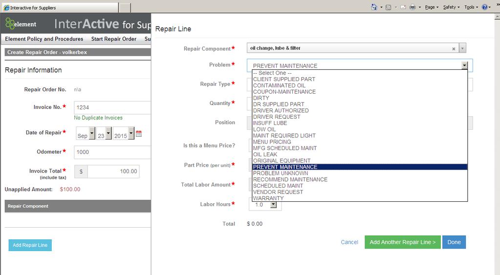 5. Click on Add Repair Line and begin entering the line items from your estimate or invoice. Using the smart search feature, begin typing the repair in the repair component box.