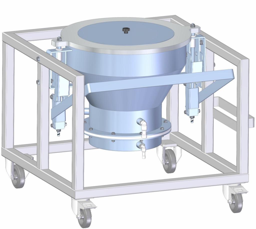 Powder Discharge Hopper The Stainless steel discharge hopper is mounted on a trolley for easy manipulation.