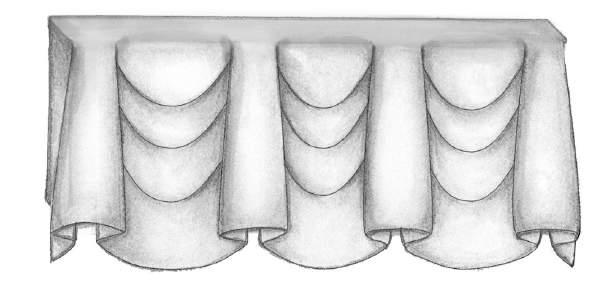 Top Treatment York Board Mounted Valance STANDARD FEATURES Empire style swag valance. Pleated and swagged valance railroaded and attached to dustboard. Self lined. Specify face width and return size.