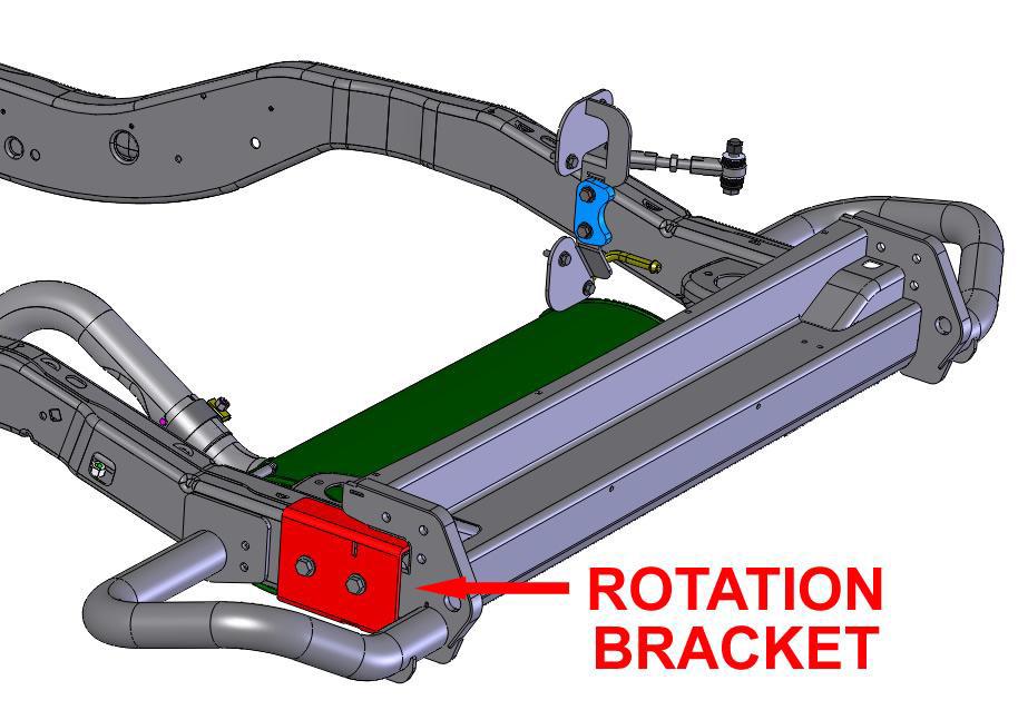 With two people, evenly place the Rear Bumper, Corner Tanks (loose but in place), Spindle Housing and Rotation Bracket into the rear of the Jeep frame at the same time, it s a bit awkward but easier
