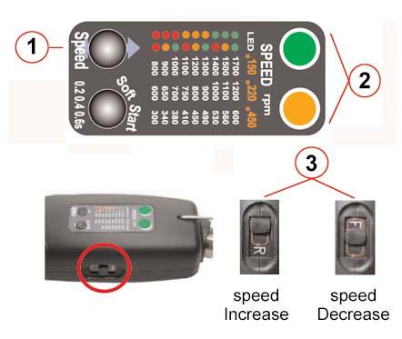 Then press the Speed button until the target speed is selected. The two LEDs will display colors that show the current speed selection (see table below for reference) Note!