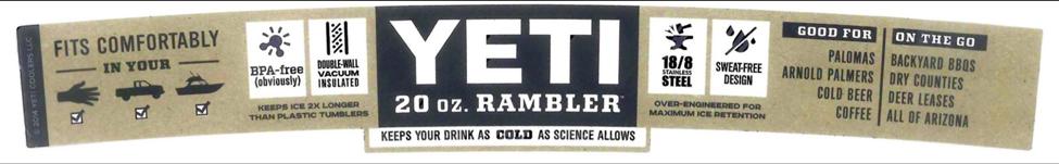Rambler Tumbler Label for the 735 Registration. 27. The 732 Registration is entitled YETI 20 oz. Rambler Tumbler Label.