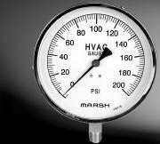 HVAC/R Gauges ASME Grade A ±2//2% (% of range across middle half of scale) CASE SIZE 4 2" diameter Polished stainless steel LM Lower Mount Copper alloy Brass sector and pinion Compound 30" Hg Vac