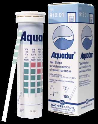 AQUADUR Water hardness AQUADUR AQUADUR are test strips for the determination of water hardness. Clear color changes from green to red ensure an accurate readout.