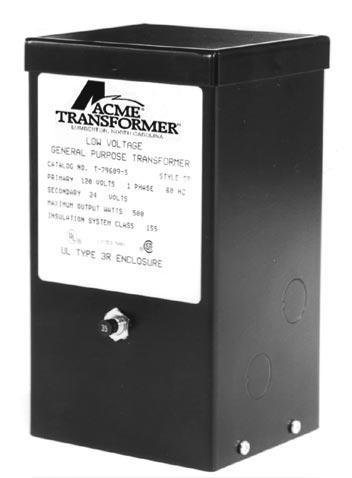 Low Voltage General Purpose Transformers FEATURES UL Listed, CSA Certified. 100, 150, 300, 600, 750, 1000 VA. 1 Phase, 60 z, 120 or 240 volt input. 12 or 24 volt output.