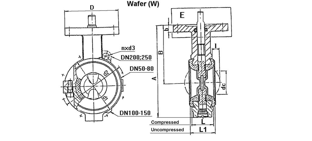 RESILIENT SEATED CENTRIC BUTTERFLY VALVE PN1 RFCC-1 page 15 F For operation with LMC type actuator E For operation with RMS type actuator DESIGN CHARACTERISTICS: - design SR ISO 1631; - connecting