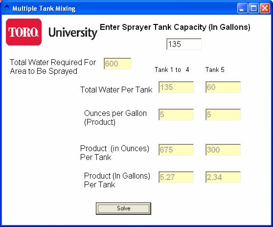 Toro Sprayer Calibration Tool 13 Multiple Tank Mixing In the event that the amount of water needed to cover the desired area is greater then the capacity of the sprayer, multiple tanks are needed.