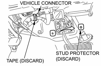 (u) Secure the flat 4-pin wire harness to the vehicle floor with one (1) packing as shown. (Fig.