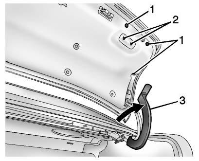 Driver Side Shown, Passenger Side Similar 1. Back-Up Lamp 2. Taillamp To replace any one of these bulbs: 1. Open the trunk. 2. Remove the push pins (1) retaining the trunk deck trim cover. 3.