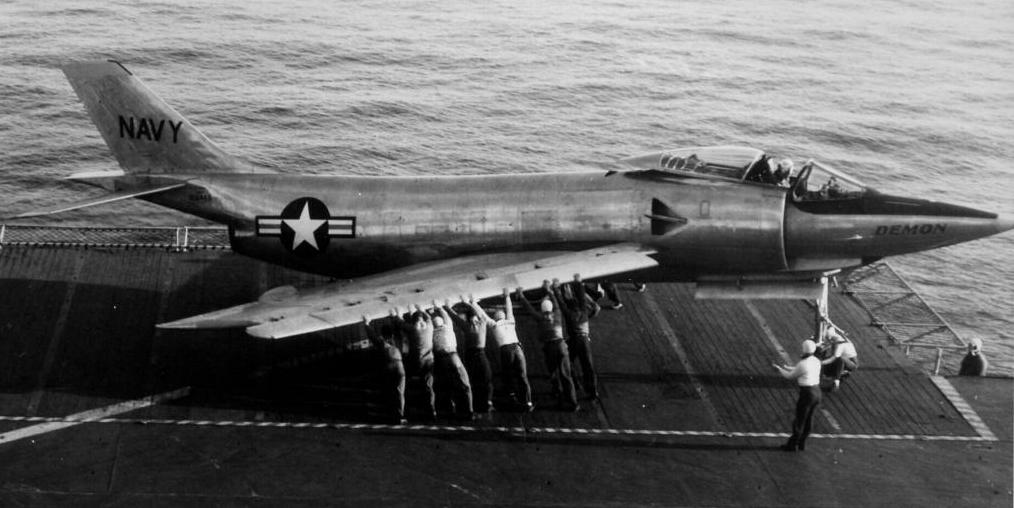 F3H McDonnell Demon span: 35'4", 10.77 m length: 58'11", 17.96 m engines: 1 Allison J71-A-2 max. speed: 647 mph, 1041 km/h (Source: US Navy) The Demon was a carrier fighter of which 521 were built.