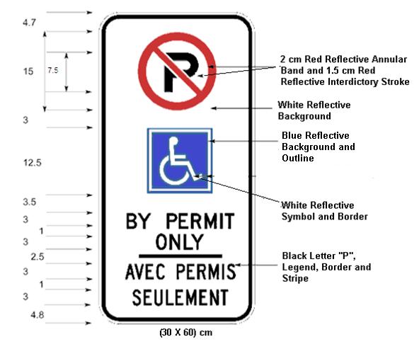 person parking permit sign which shall, (a) Be not less than forty-five centimetres in height and not less than thirty centimetres in width and bear the markings and