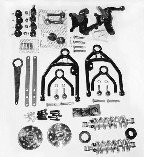 This parts layout photo shows the entire Chassisworks un-equal length, upper and lower a-arm suspension system including A- arms, ball joints, a