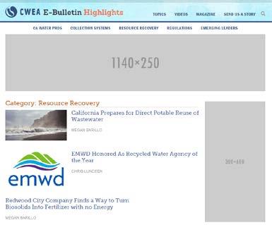 Website Sponsorships Become a leading sponsor of CWEA s website and our coverage of California s water professionals.