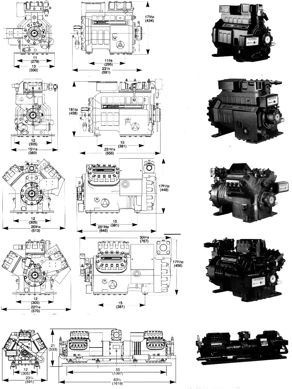 HFC COPELAND DISCUS COMPRESSORS DIMENSIONS AND PHOTOGRAPHS D F A M I L Y Model DC3-050E Shown 3D F A M I L Y Model 3DB3A075E Shown 4D F A M I L