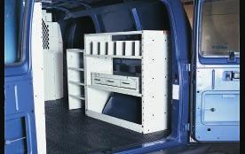 Steel straps help to anchor shelf units to the side wall of the van. Adjustable steel shelf dividers are included.