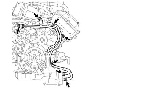 (g) Reattach the A/C compressor to the engine. Torque: 25 Nm (18 ft lbf) (h) Remove the 4 nuts, front water by-pass joint and 2 gaskets (Fig 7-6). Retain the nuts and gaskets.