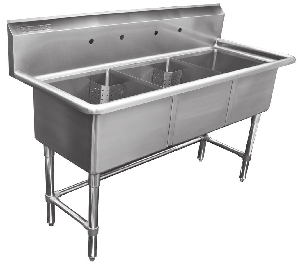 24 TRIPLE SINKS 304 stainless steel Well polished welded seams Die-stamped creased drainboards for positive drainage Curved corners and rolled edges 6.