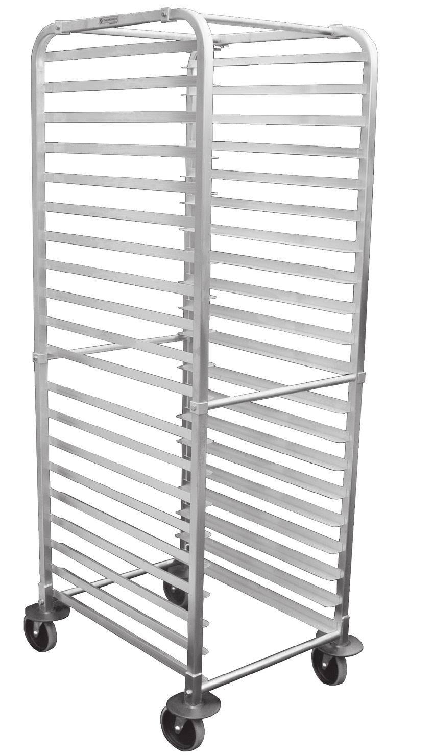 ALUMINUM BUN PAN RACKS Made with NEW aluminium Delivered knocked down Easy to assemble Rounded corners Welded tray slides Protective U channel support Non marking casters Reinforcement bars in the