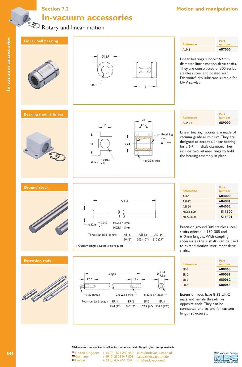 Section 7.2 n-vacuum accessories ~ Rotary and linear motion Linear ball bearing - ~~~ 06.4 J L \SJS 19 _J ALMB-1 687000 Linear bearings support 6.4mm diameter linear motion drive shafts.