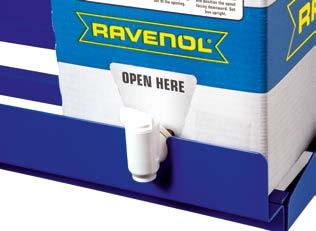 Bag in Box RAVENOL offers an optimised and sustainable container system for 20 L packages in connection with a shelf system for clean and structured storage and
