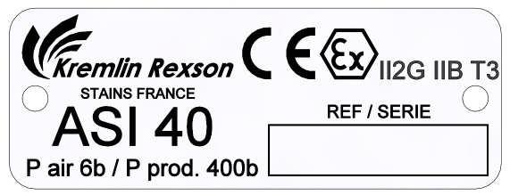 4. INSTALLATION DESCRIPTION OF THE LABEL MARKING Marking in accordance with the ATEX Directive Example : ASI 40 gun KREMLIN REXSON STAINS FRANCE ASI 40 (or 24) CE IIB T3 II 2 G P prod.