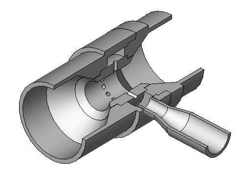 COMPUTATIONAL FLUID DYNAMICS MODEL The new design shape of the mixer is shown in Fig. 1. A single inlet is chosen to enable careful fuel control with the power valve in the conversion kit.