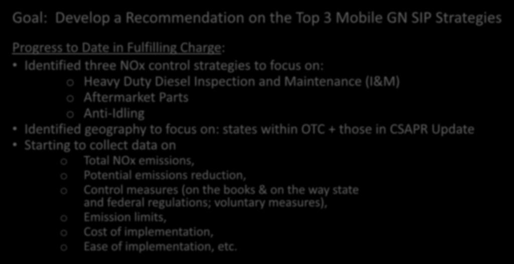 Inspection and Maintenance (I&M) o Aftermarket Parts o Anti-Idling Identified geography to focus on: states