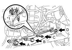 19mm socket & wrench and ratchet (e) Raise the lower the suspension arm and temporarily install the nuts and bolts for the stabilizer link assembly (B), shock absorber (C) and knuckle (D) (Fig. 3-5).