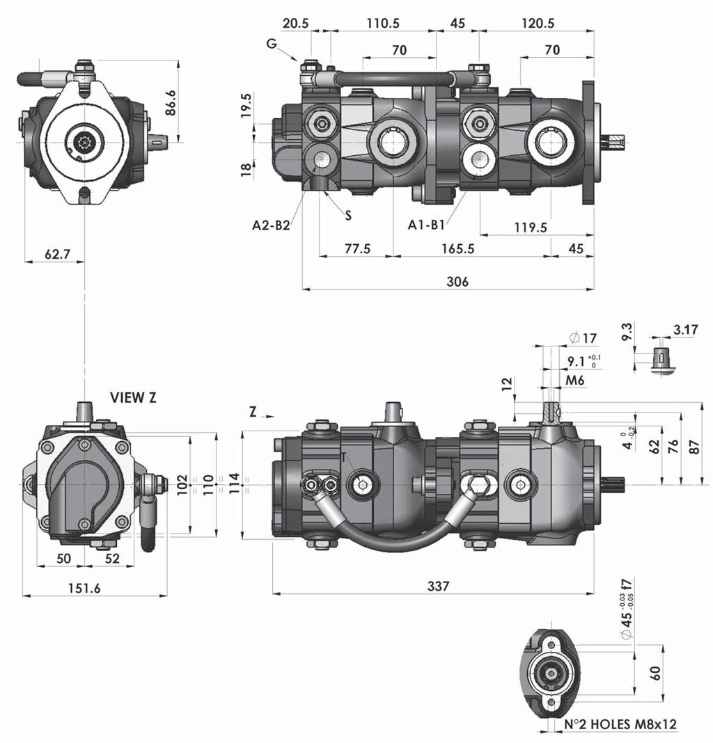 TANDEM PUMP - Direct Mechanical Control INSTALLATION DRAWING See shaft and Pipe connection A1 - B1 Main ports pump 1 1/2" BSP A2 - B2