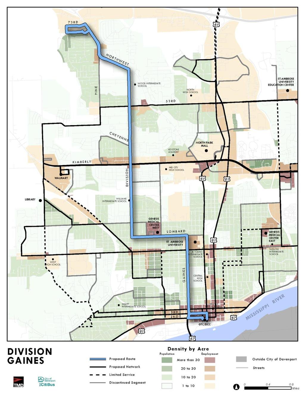 City of Davenport CitiBus Division/Gaines North/south service on the Brady/Harrison/Rock Island spine is complemented by the proposed Division/Gaines route.