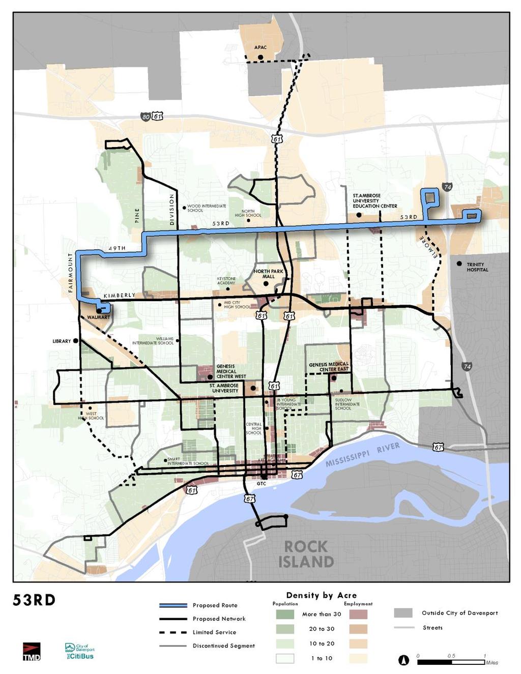Proposed Davenport Public Transportation Plan 53 rd Street The proposed 53 rd Street route combines elements of existing CitiBus Routes 6 and 53 to provide continuous east/west cross-town service on