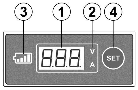 4. PANEL VIEW 1. 3 digit LED. Displays voltage, current, operation and fault code. 2. LED indicates Voltage (V) and Current (A). 3. Battery Icon is on when converter is set at the charger mode.