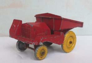 186 Diecast - Condon Condon Dump Truck, red with yellow wheels. Hinged hopper.