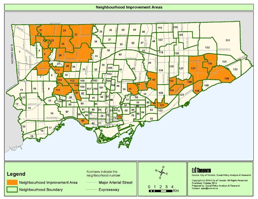 Figure 1: Designated Neighbourhood Improvement Areas in the City of Toronto An objective of Toronto's Official Plan is to reduce auto dependency, which can be done by improving transit accessibility.