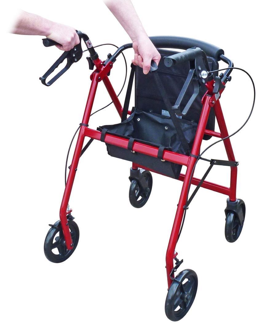 To fold the Rollator for transporting: Folding and Transporting Whilst holding the Rollator handle, lift up the seat and lift the Rollator using the lifting strap.
